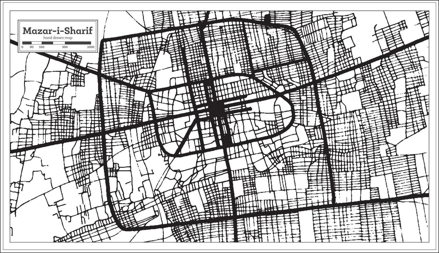 mapa de la ciudad de mazar-i-sharif afganistán en color blanco y negro en estilo retro. esquema del mapa. vector