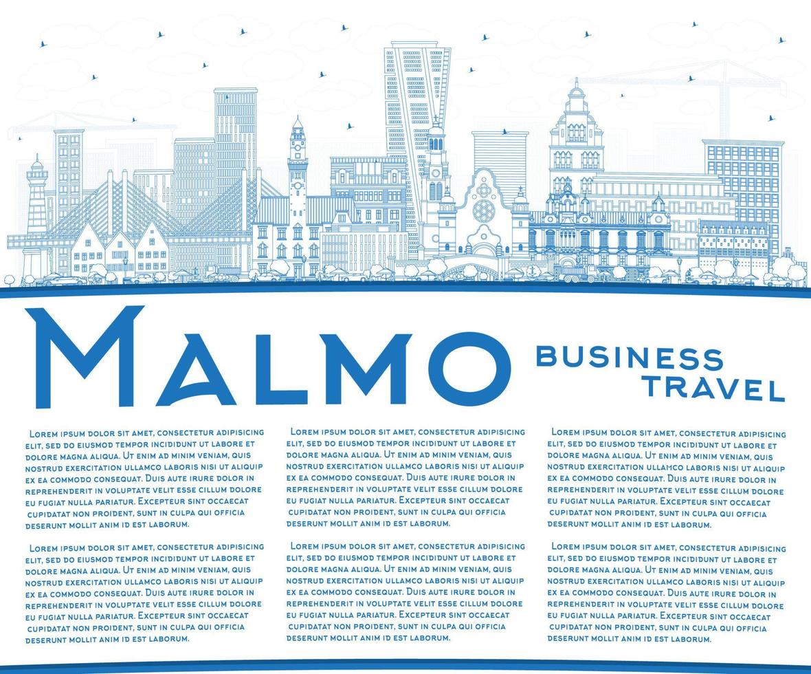 Outline Malmo Sweden City Skyline with Blue Buildings and Copy Space. vector