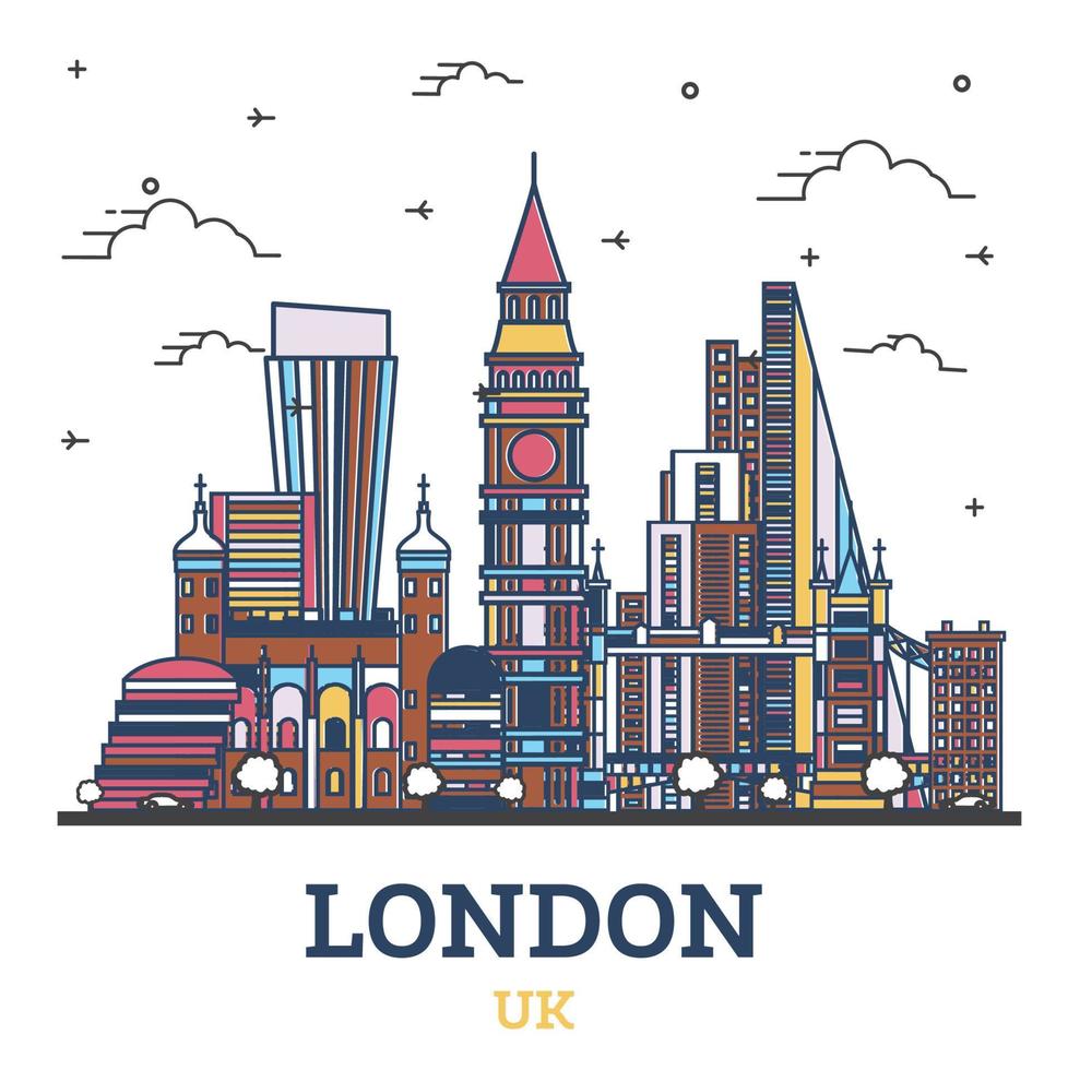 Outline London England UK City Skyline with Color Buildings Isolated on White. vector