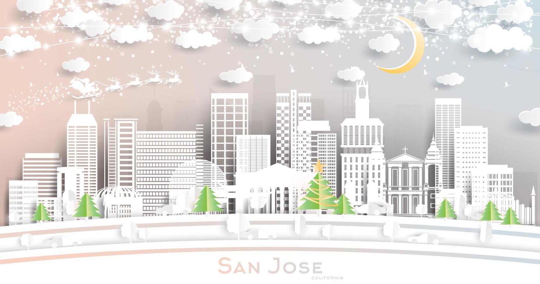 San Jose California City Skyline in Paper Cut Style with Snowflakes, Moon and Neon Garland. vector