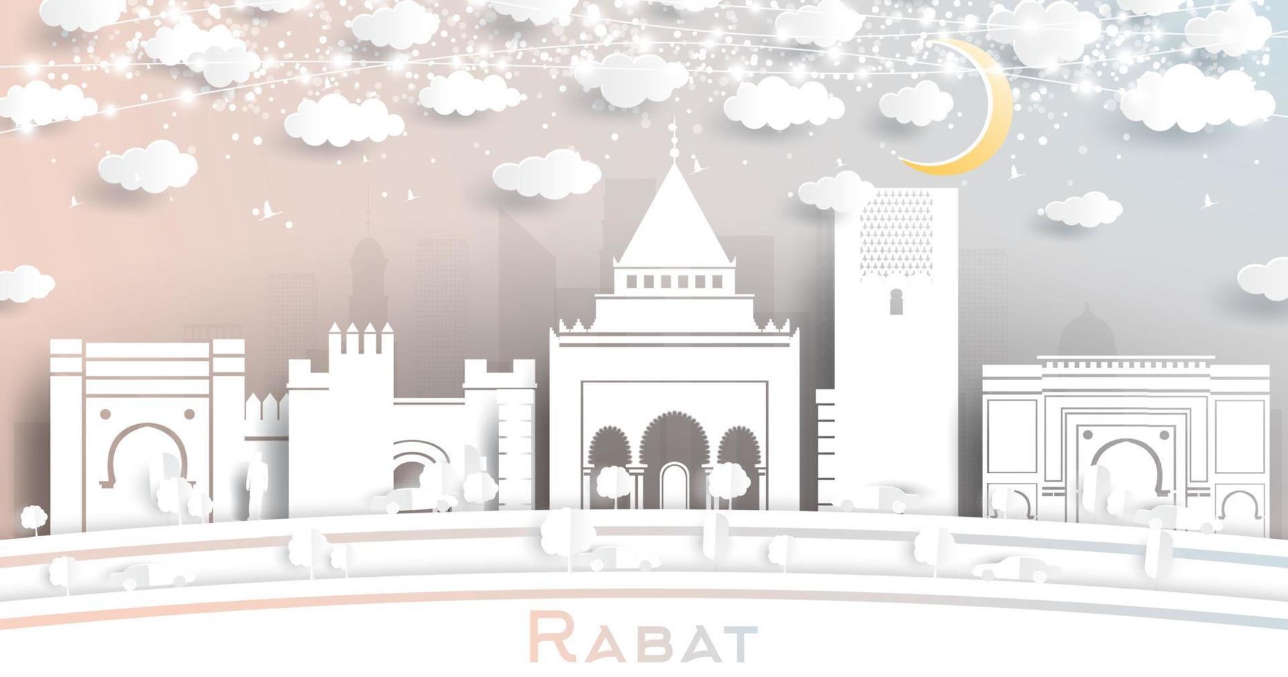 Rabat Morocco City Skyline in Paper Cut Style with White Buildings, Moon and Neon Garland. vector