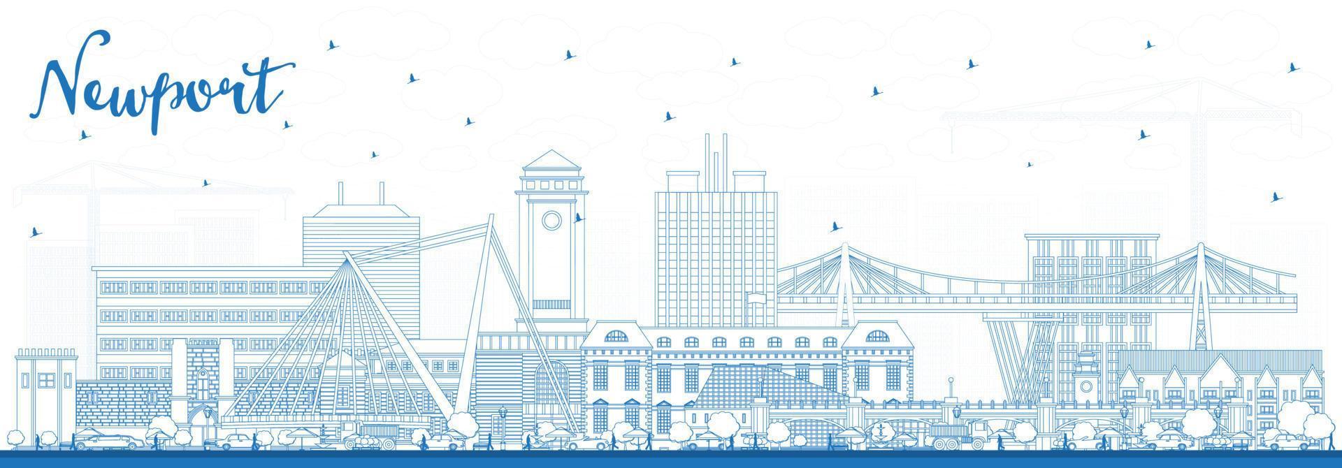 Outline Newport Wales City Skyline with Blue Buildings. vector