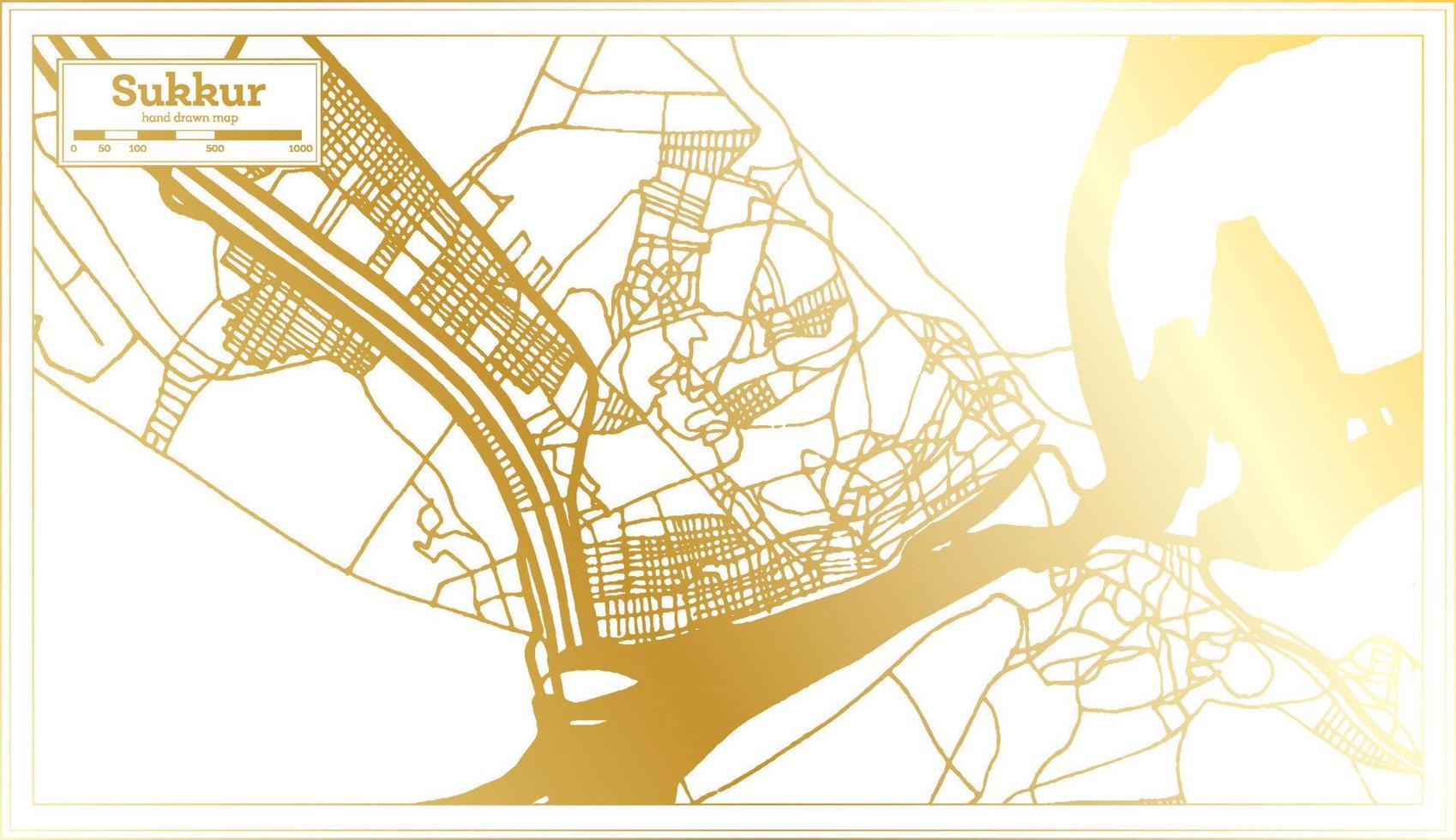 mapa de la ciudad de sukkur pakistán en estilo retro en color dorado. esquema del mapa. vector