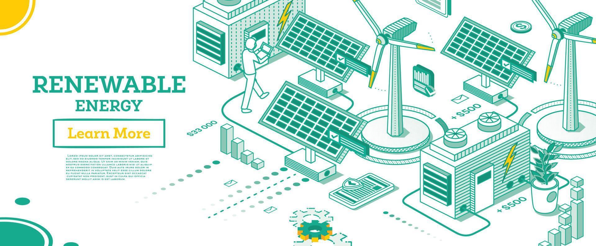 concepto isométrico de energía verde renovable aislado sobre fondo blanco. paneles solares y plantas de energía eólica. vector