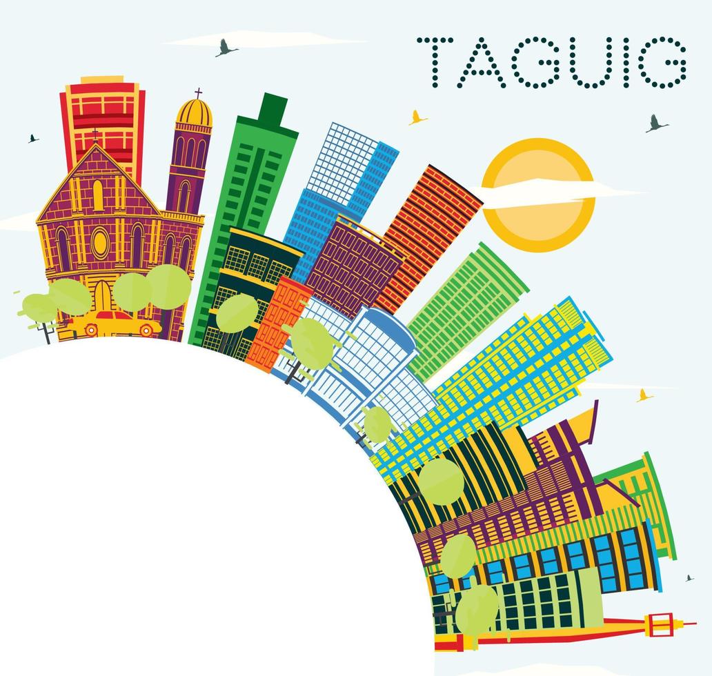 Taguig Philippines City Skyline with Color Buildings, Blue Sky and Copy Space. vector