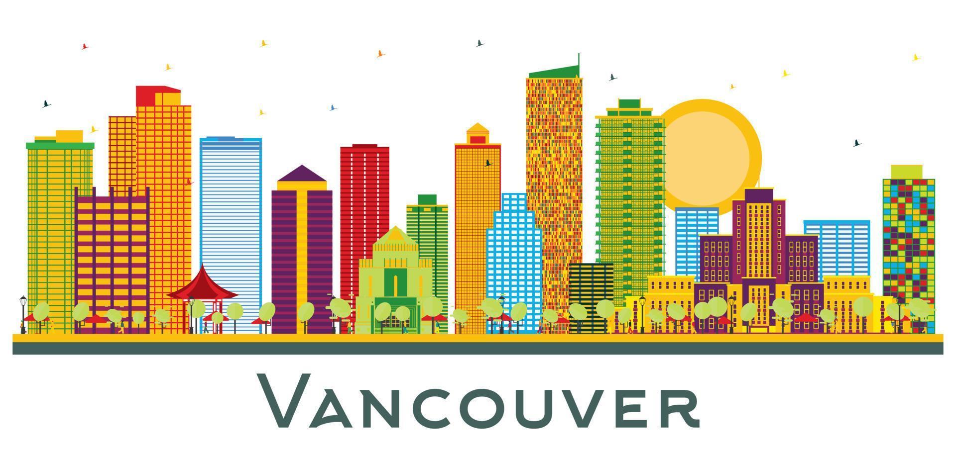 El horizonte de la ciudad de vancouver, canadá, con edificios de colores aislados en blanco. vector