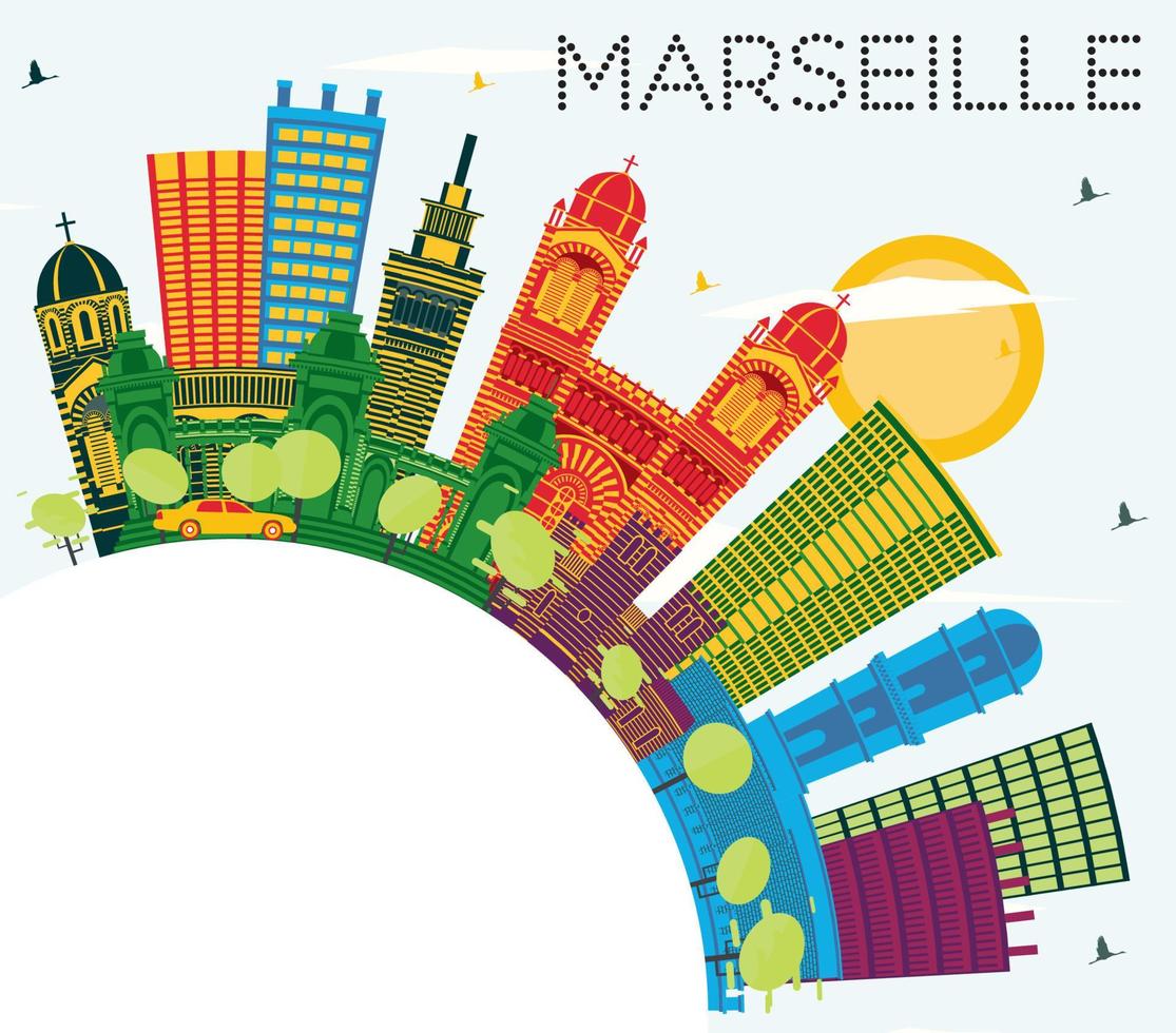 Marseille France City Skyline with Color Buildings, Blue Sky and Copy Space. vector