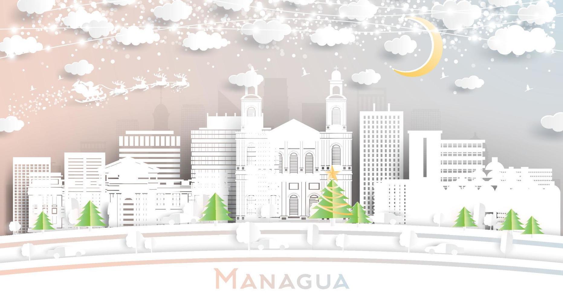 Managua Nicaragua City Skyline in Paper Cut Style with Snowflakes, Moon and Neon Garland. vector
