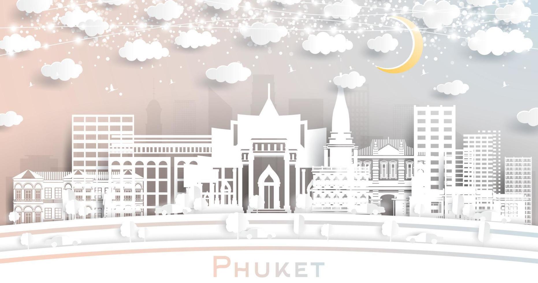 horizonte de la ciudad de phuket, tailandia, en estilo de corte de papel con edificios blancos, luna y guirnaldas de neón. vector