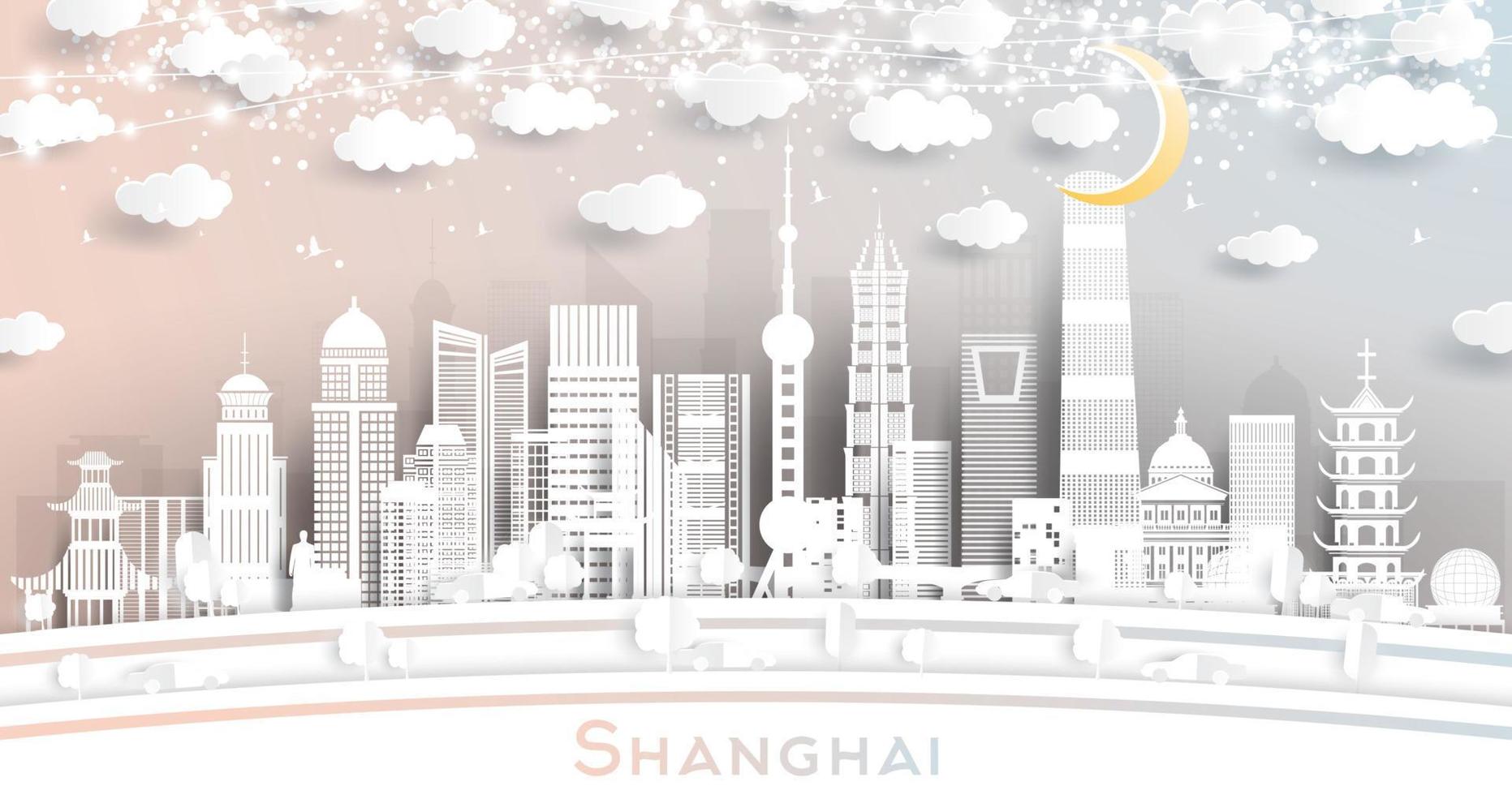 Shanghai China City Skyline in Paper Cut Style with White Buildings, Moon and Neon Garland. vector