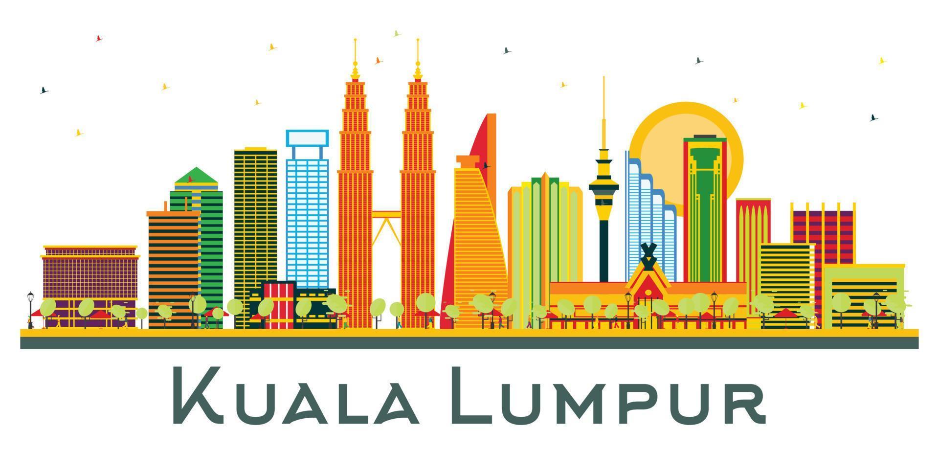 Kuala Lumpur Malaysia City Skyline with Color Buildings Isolated on White. vector