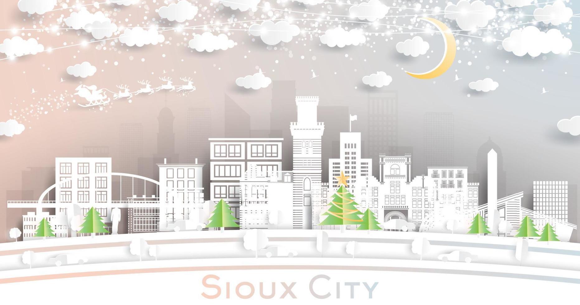 horizonte de la ciudad de sioux city iowa en estilo de corte de papel con copos de nieve, luna y guirnalda de neón. vector