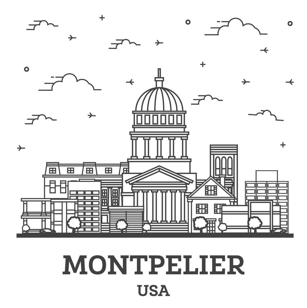 delinear el horizonte de la ciudad de montpelier vermont con edificios modernos aislados en blanco. vector