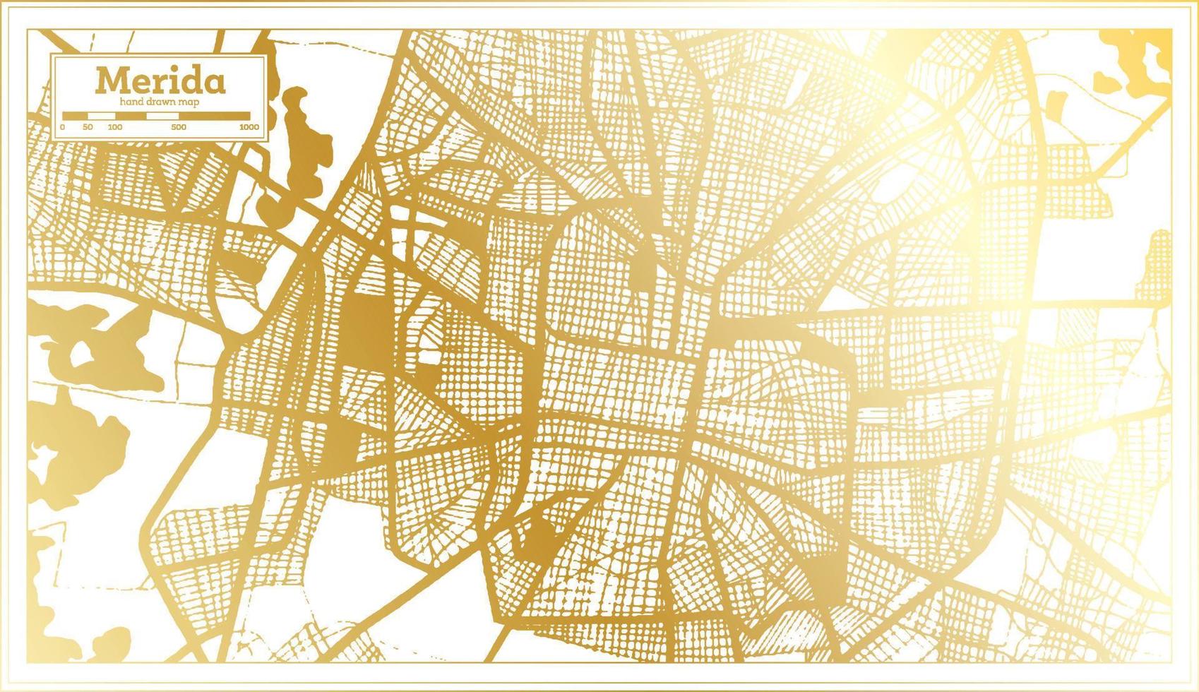 Mapa de la ciudad de Mérida México en estilo retro en color dorado. esquema del mapa. vector