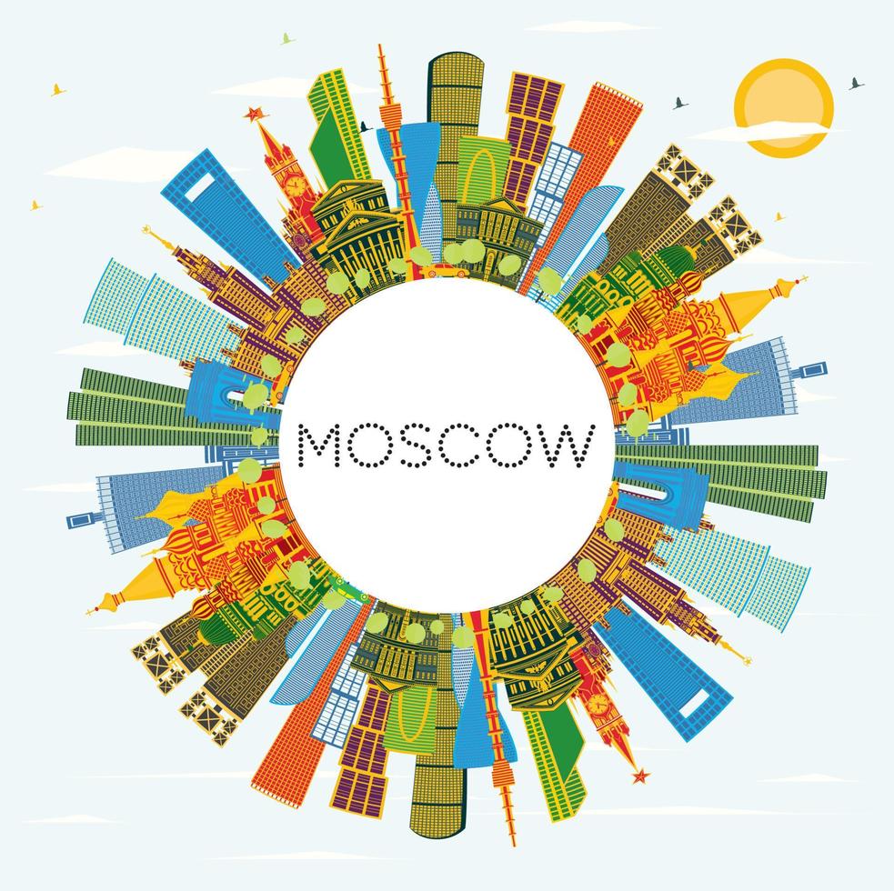 Moscow Russia City Skyline with Color Buildings, Blue Sky and Copy Space. vector