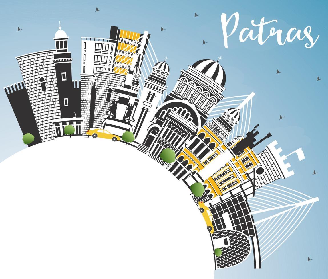 Patras Greece City Skyline with Color Buildings, Blue Sky and Copy Space. vector