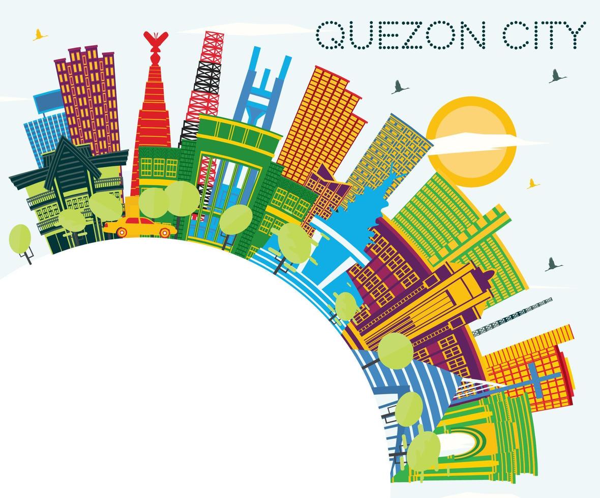 Quezon City Philippines City Skyline with Color Buildings, Blue Sky and Copy Space. vector