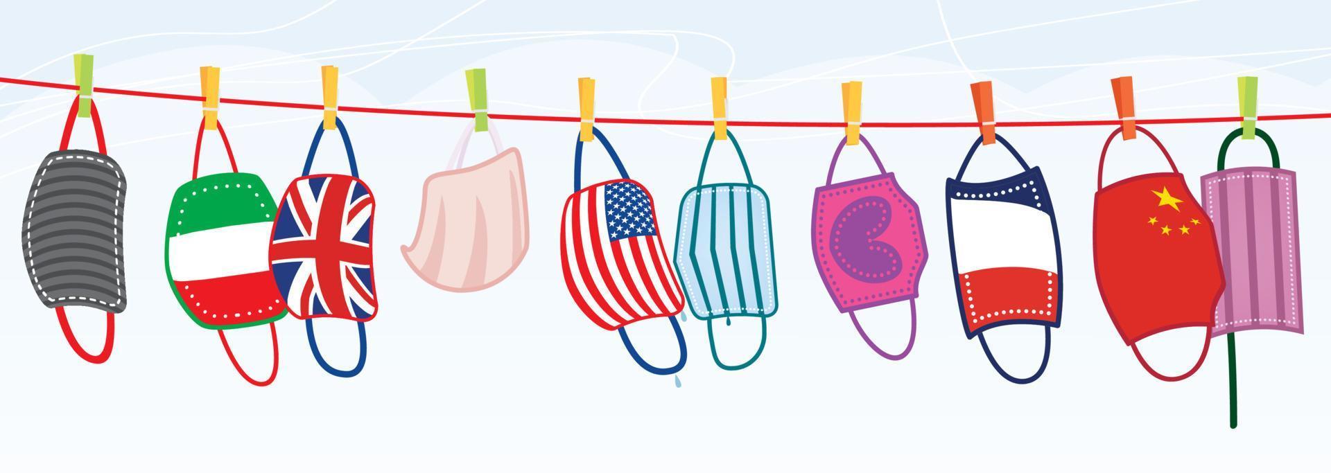 Washed Protective Face Masks Hanging on a Line. Drying Laundered Reusable Masks with Flags of Different Countries. vector