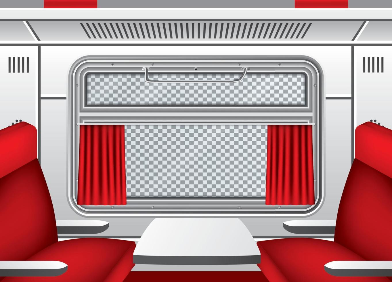 Interior of Train Wagon with Window, Red Curtains and Seats with Table. Train Travel. vector