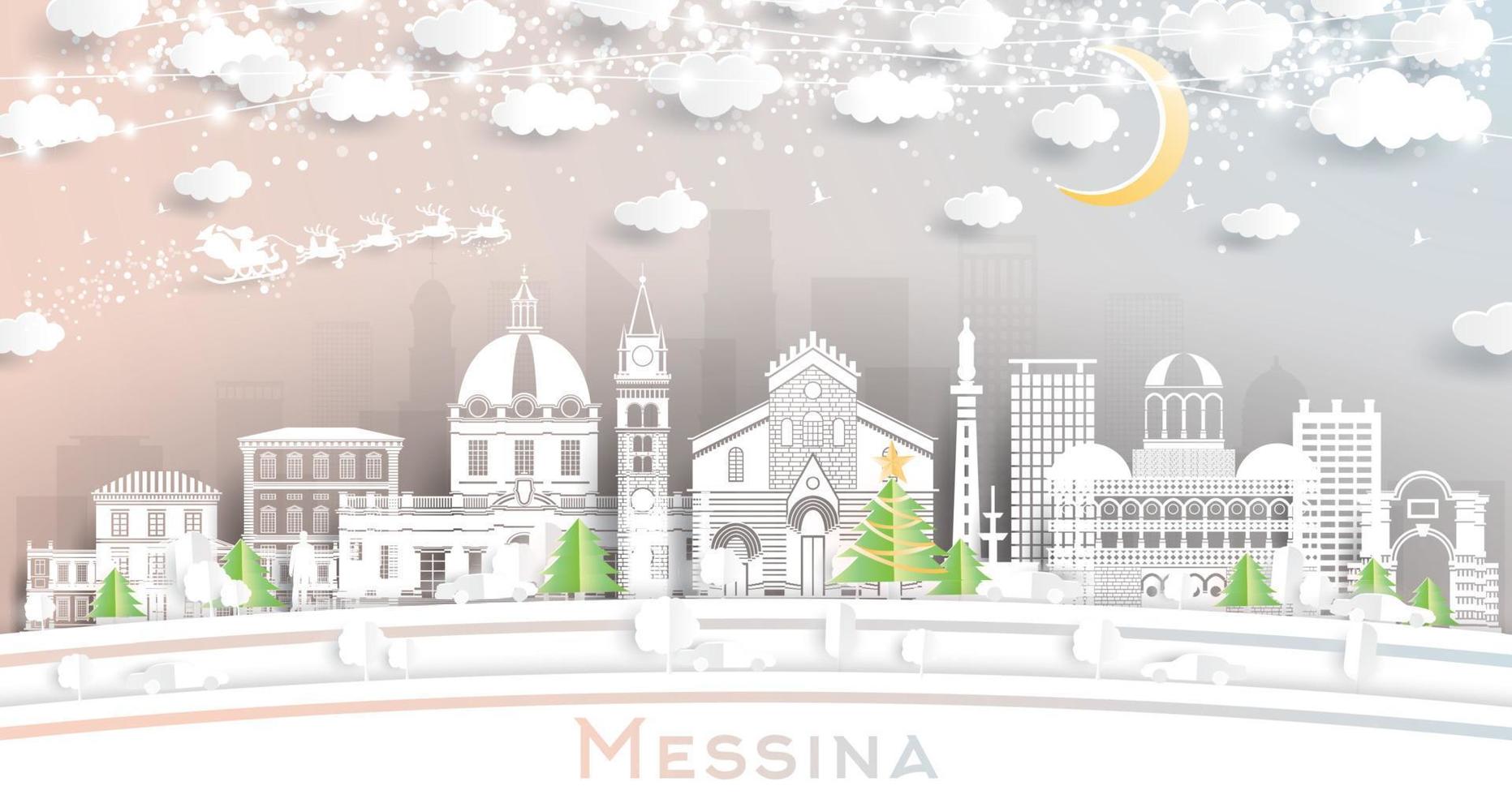 el horizonte de la ciudad de messina sicily italy en estilo de corte de papel con copos de nieve, luna y guirnalda de neón. vector