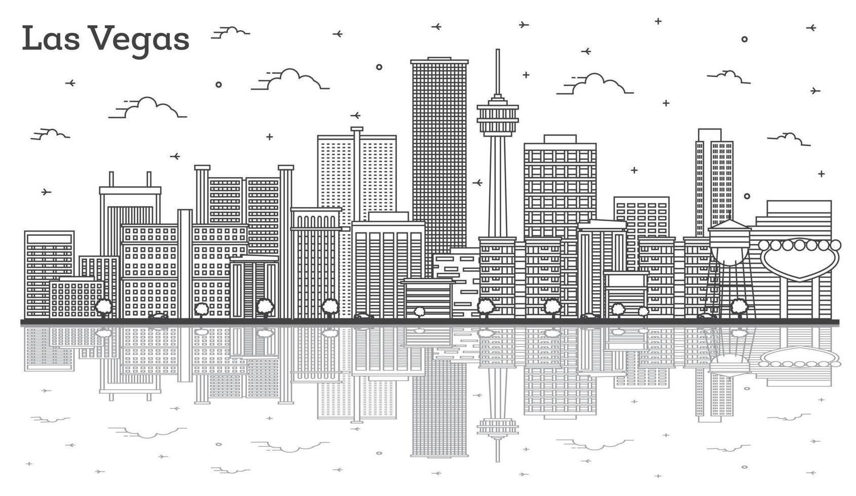 Outline Las Vegas Nevada City Skyline with Modern Buildings and Reflections Isolated on White. vector