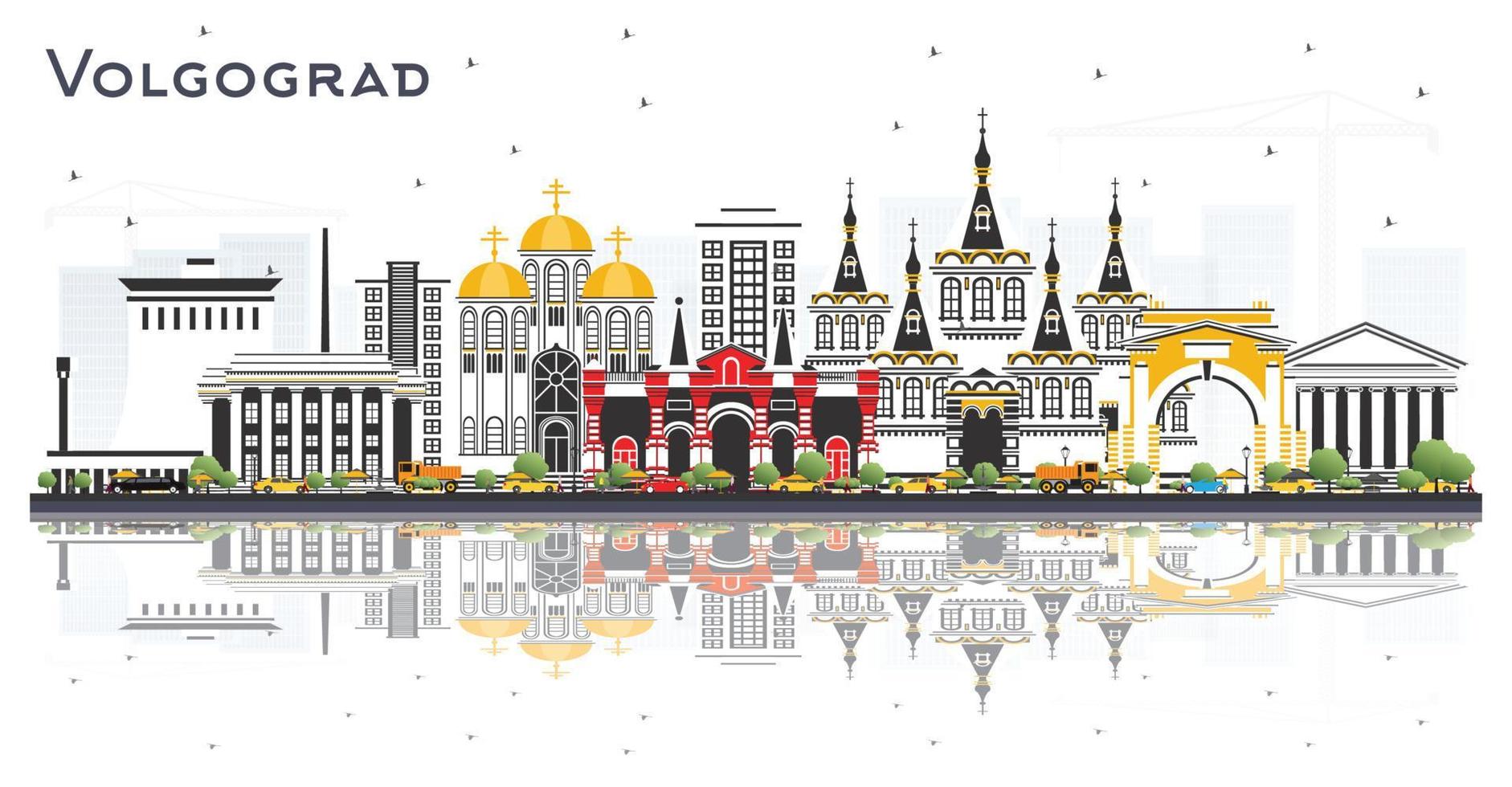 horizonte de la ciudad de volgogrado rusia con edificios de color y reflejos aislados en blanco. vector