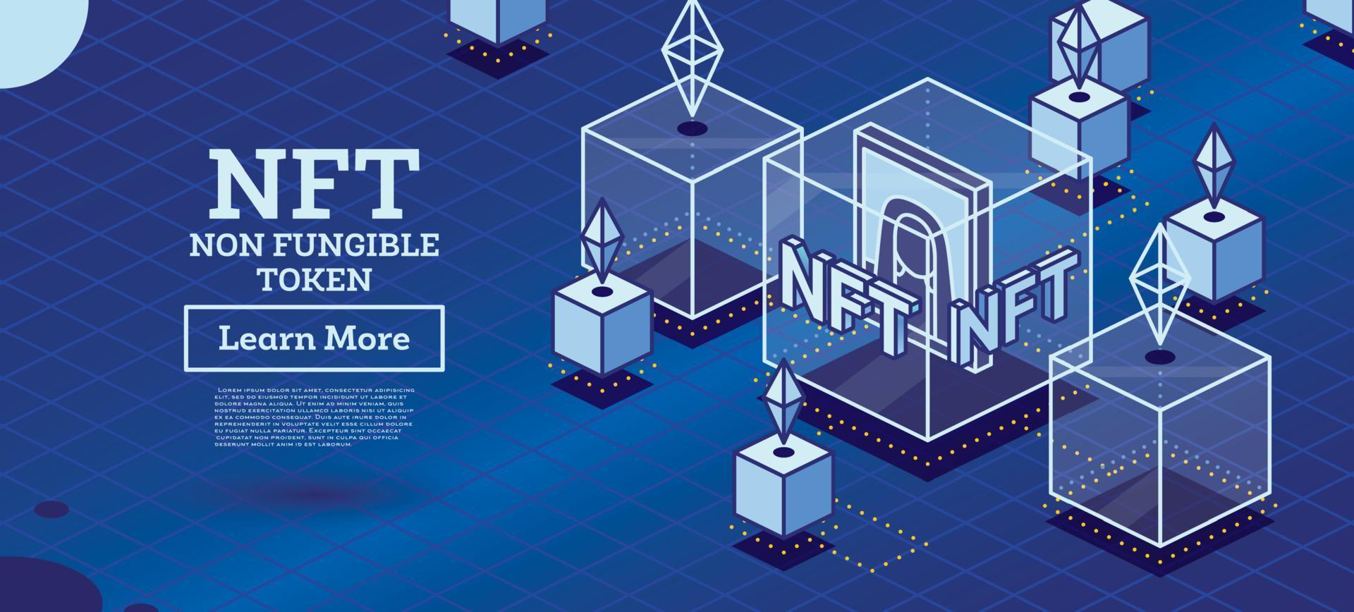 Isometric NFT. Artwork Inside of Transparent Cube. Blockchain Technology. vector