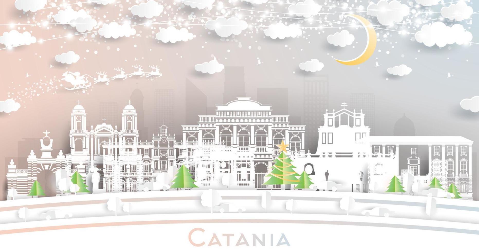 horizonte de la ciudad de catania italia en estilo de corte de papel con copos de nieve, luna y guirnalda de neón. vector
