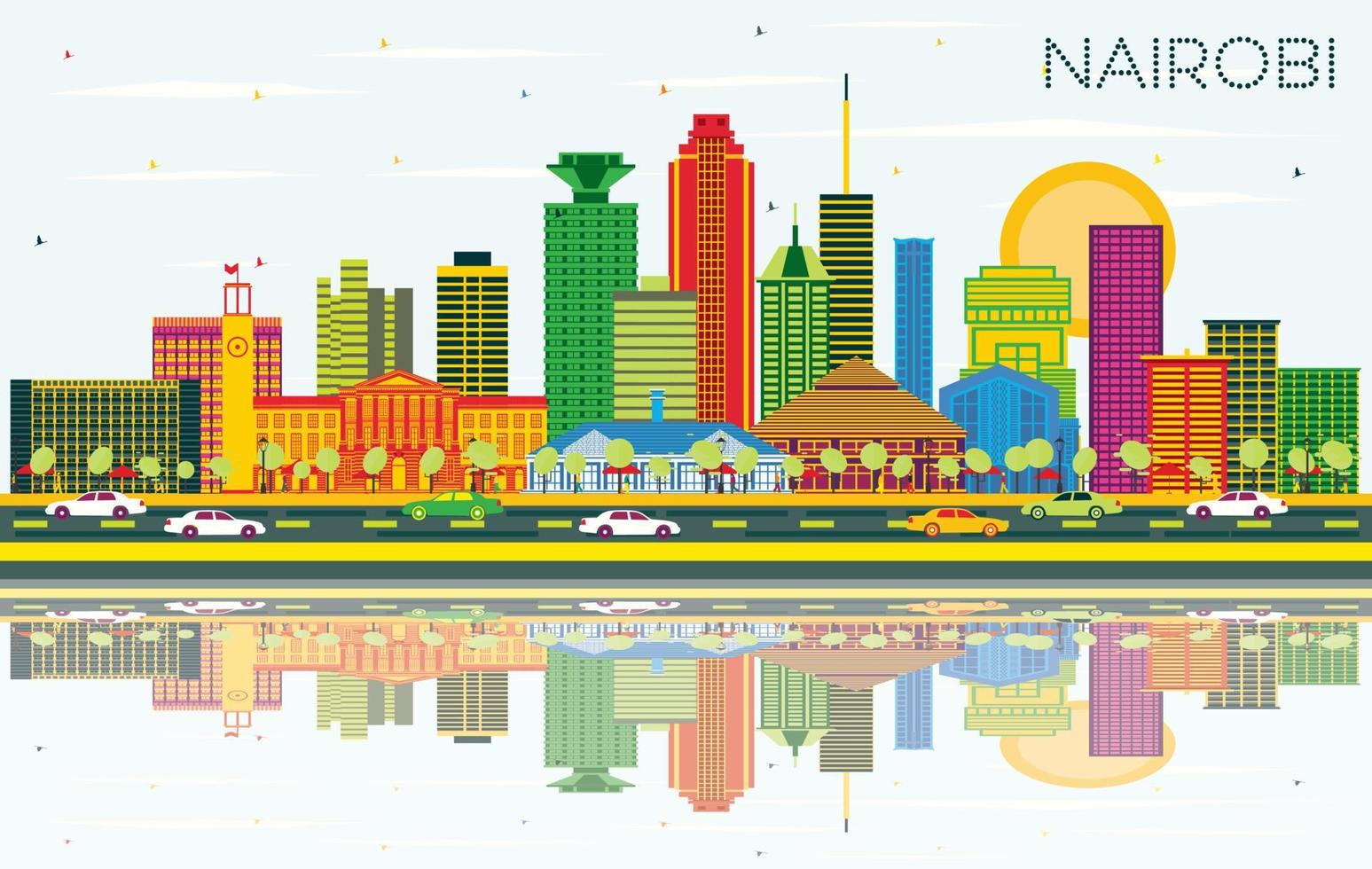 Nairobi Kenya City Skyline with Color Buildings, Blue Sky and Reflections. vector