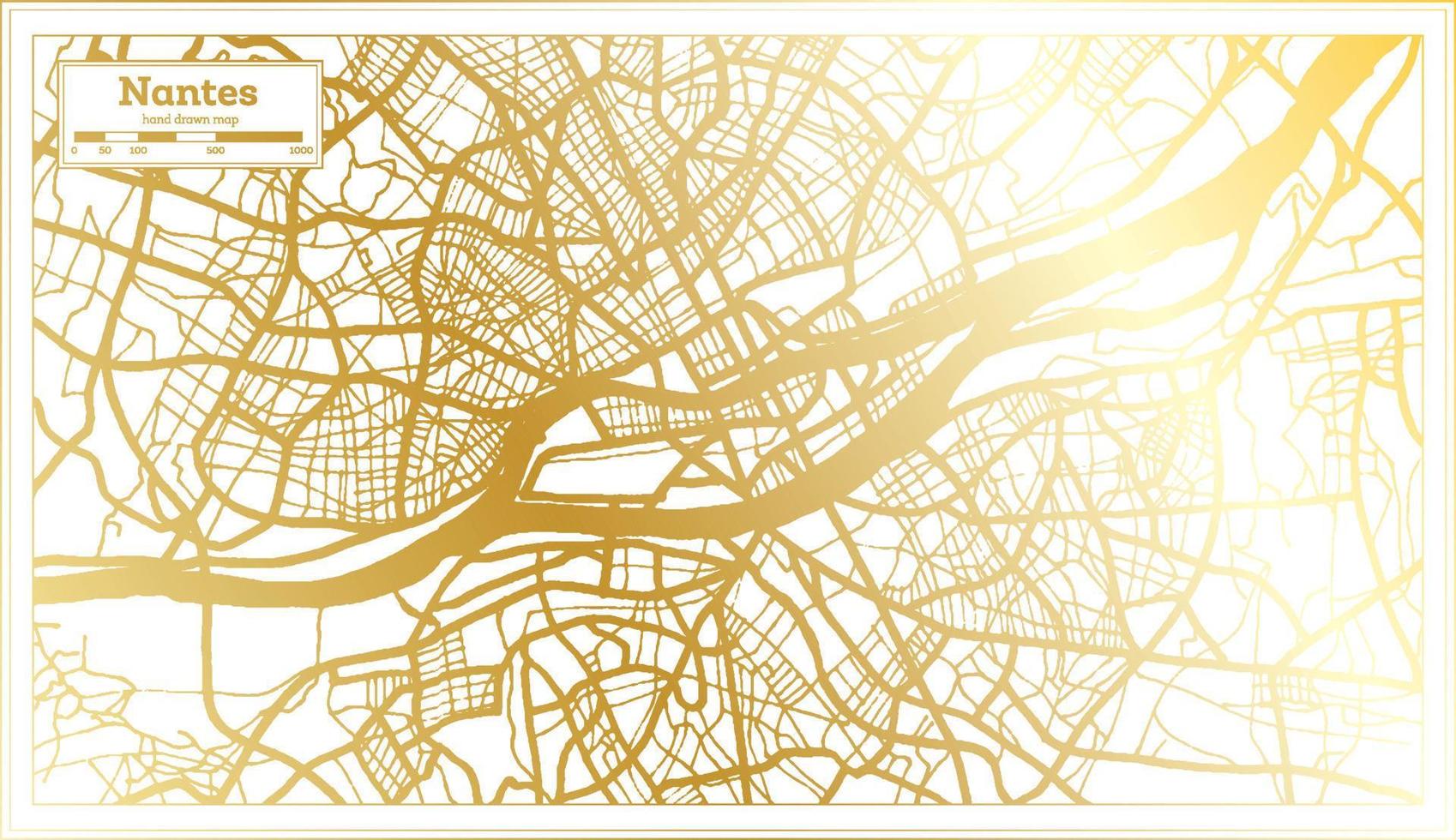 mapa de la ciudad de nantes francia en estilo retro en color dorado. esquema del mapa. vector