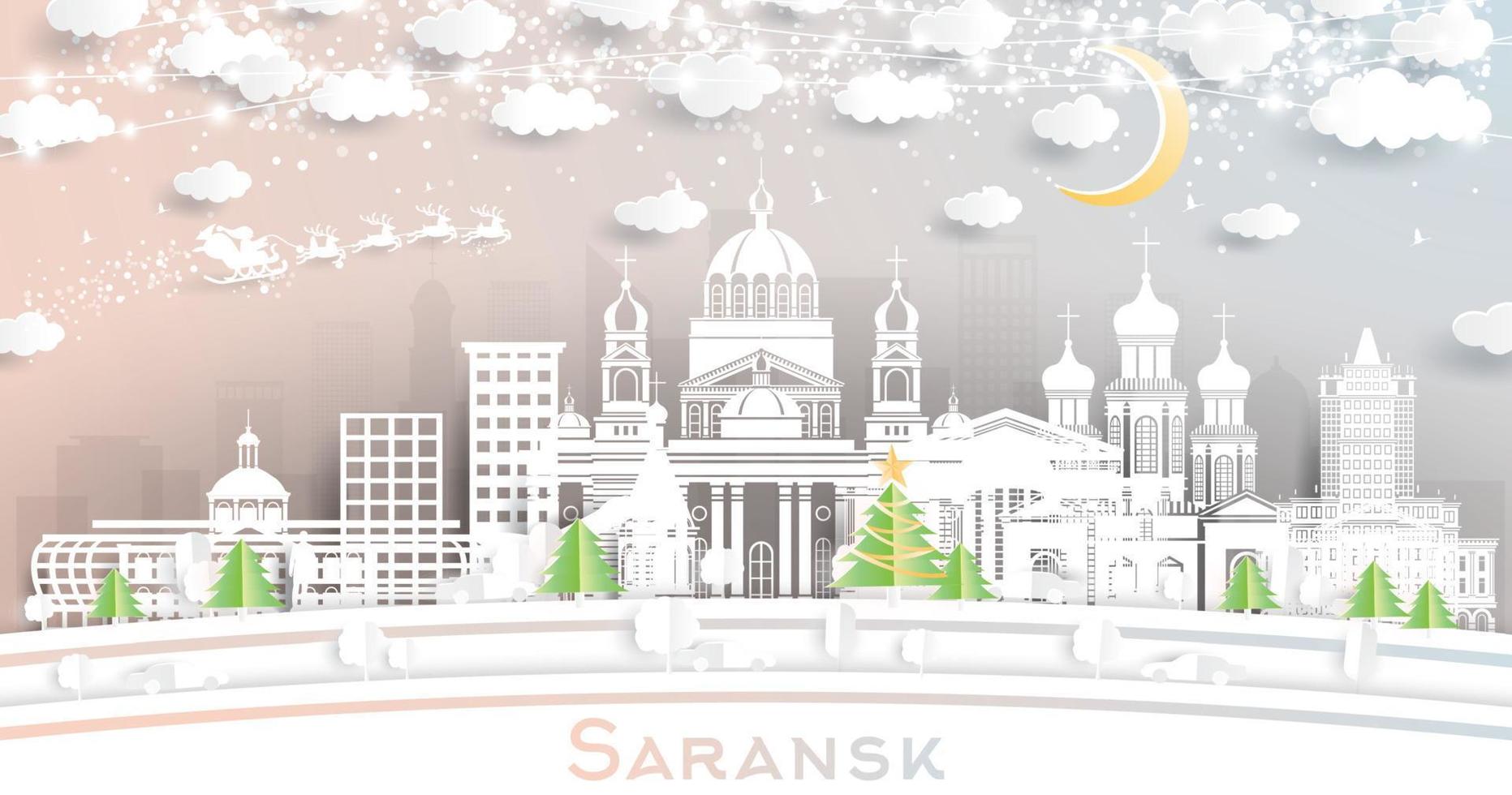 Saransk Russia City Skyline in Paper Cut Style with Snowflakes, Moon and Neon Garland. vector