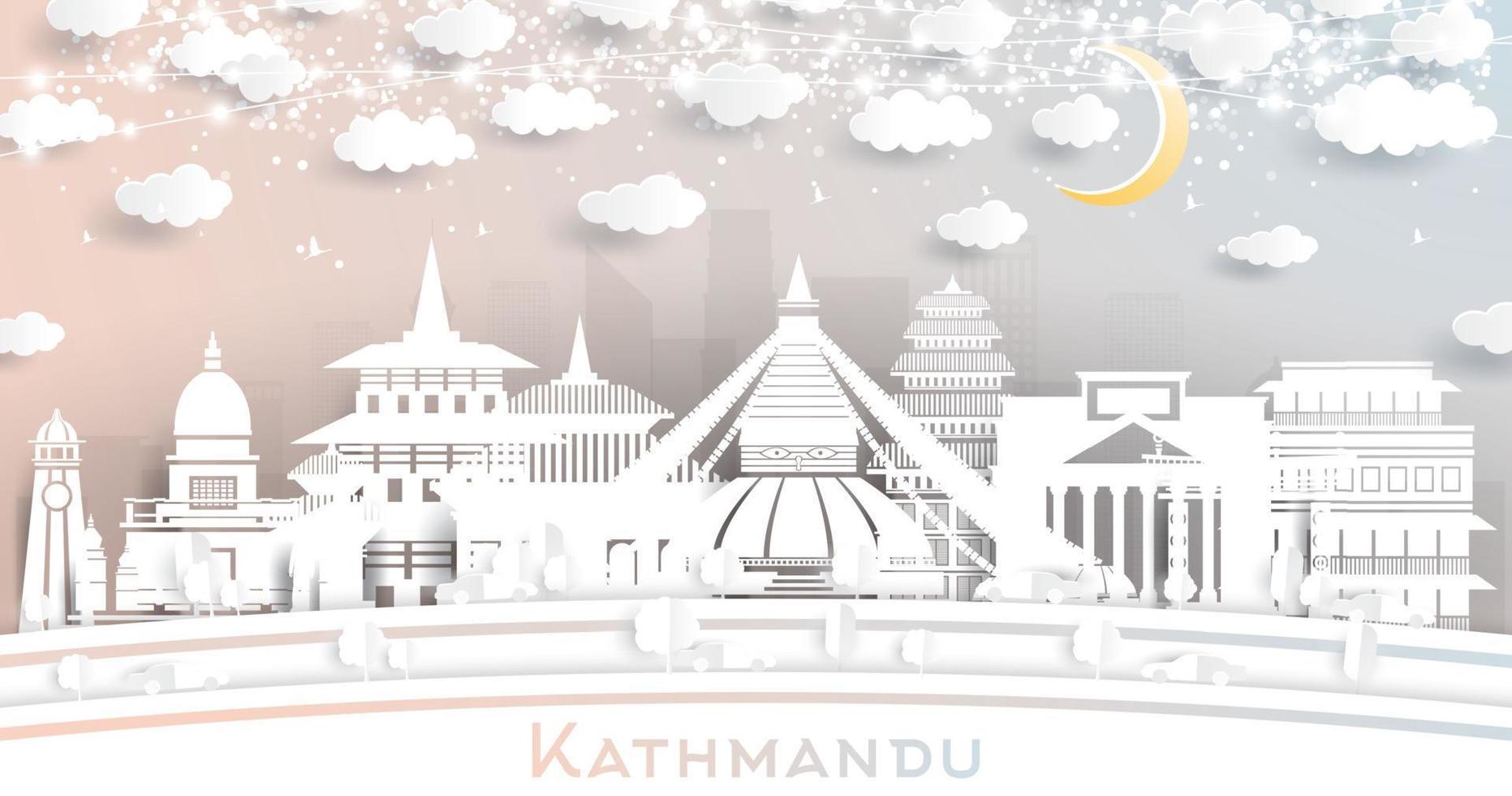 Kathmandu Nepal City Skyline in Paper Cut Style with White Buildings, Moon and Neon Garland. vector