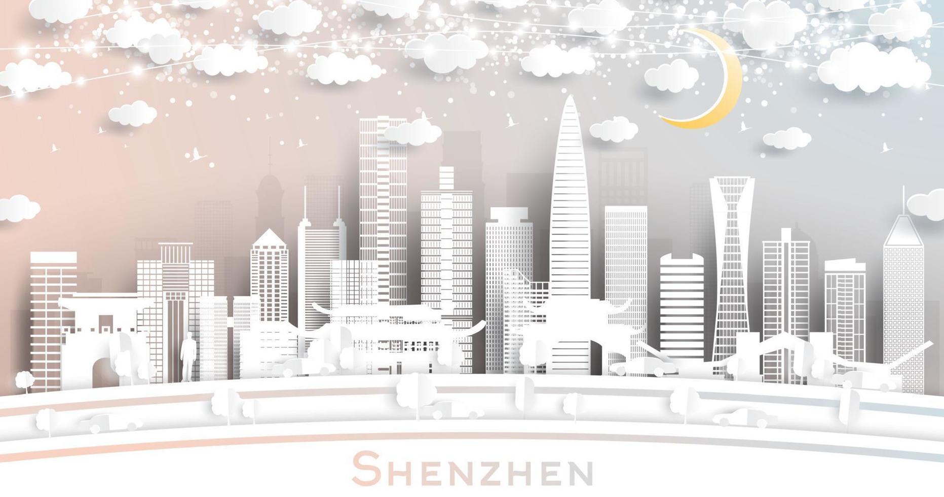 horizonte de la ciudad de shenzhen china en estilo de corte de papel con edificios blancos, luna y guirnalda de neón. vector