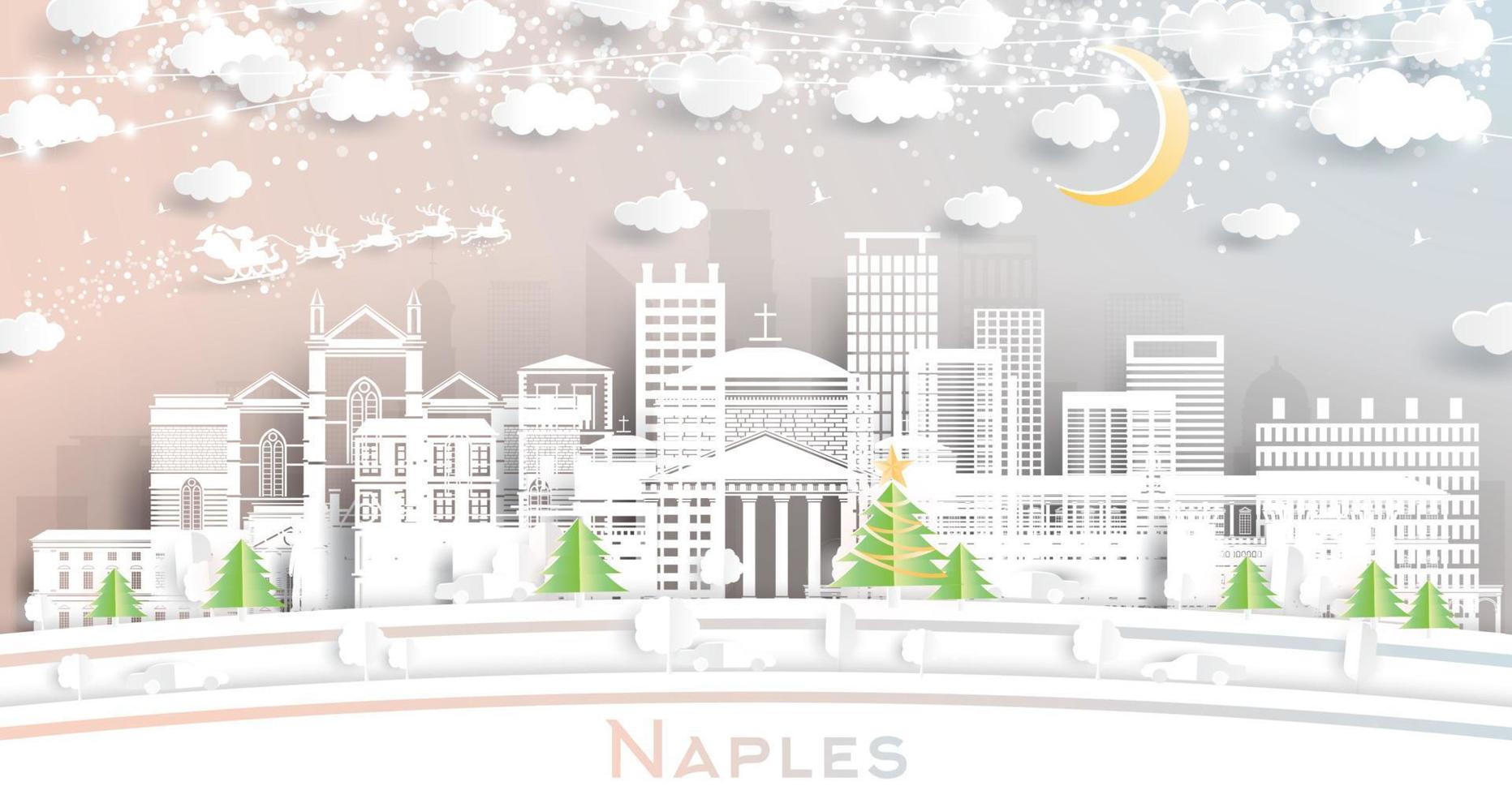 horizonte de la ciudad de nápoles italia en estilo de corte de papel con copos de nieve, luna y guirnalda de neón. vector