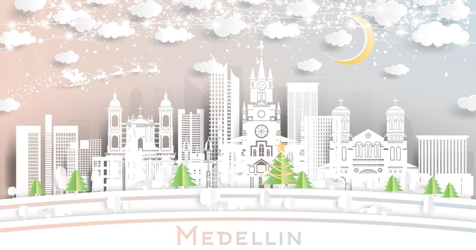 horizonte de la ciudad de medellín colombia en estilo de corte de papel con copos de nieve, luna y guirnalda de neón. vector