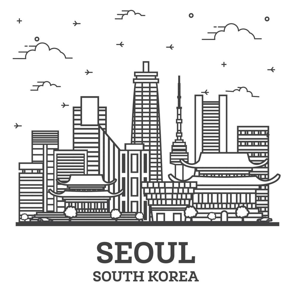 delinear el horizonte de la ciudad de seúl corea del sur con edificios modernos aislados en blanco. vector