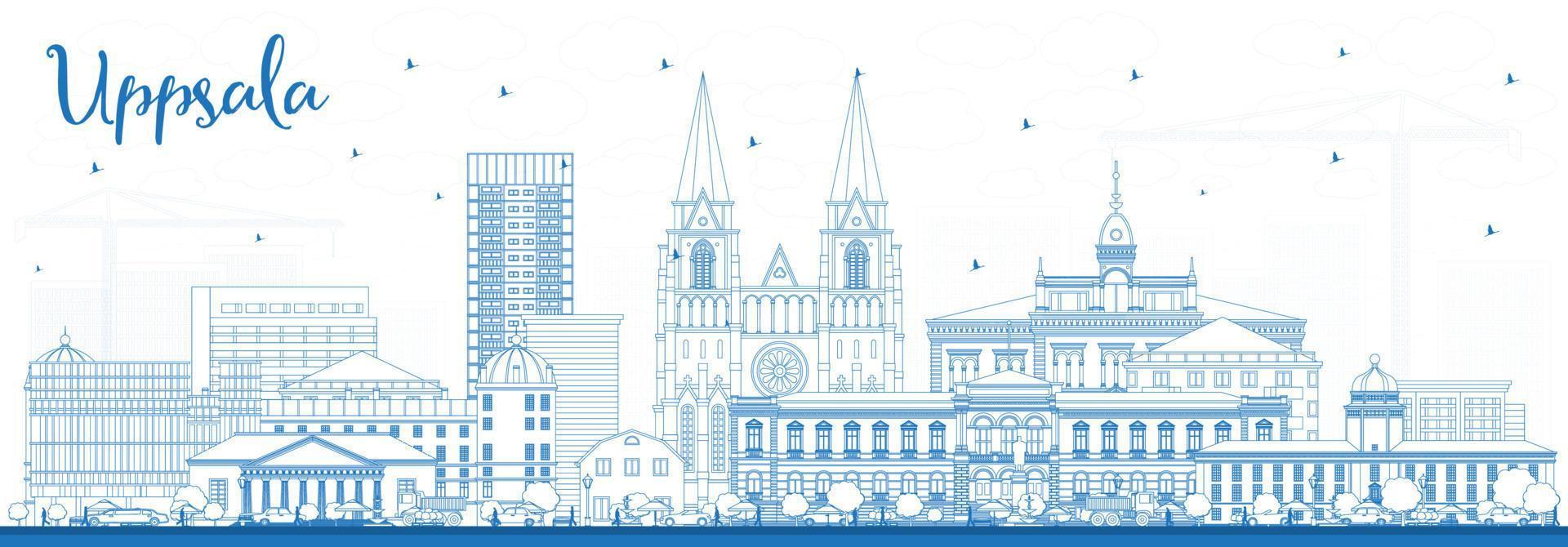 Outline Uppsala Sweden City Skyline with Blue Buildings. vector