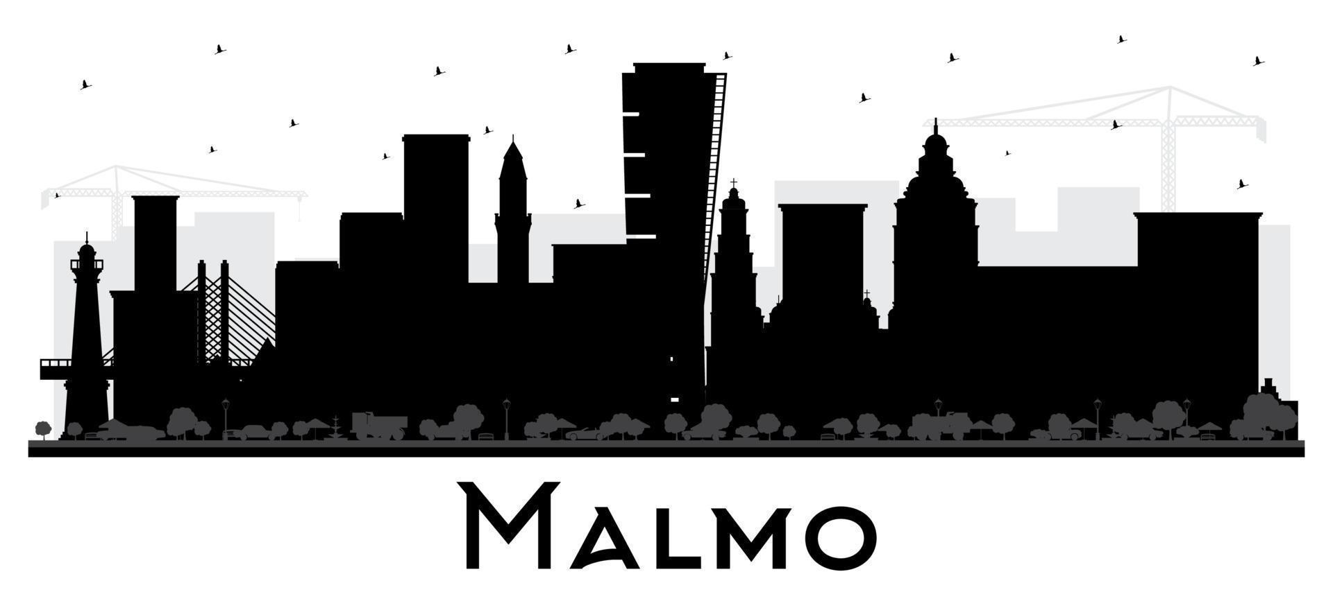 Malmo Sweden City Skyline Silhouette with Black Buildings Isolated on White. vector