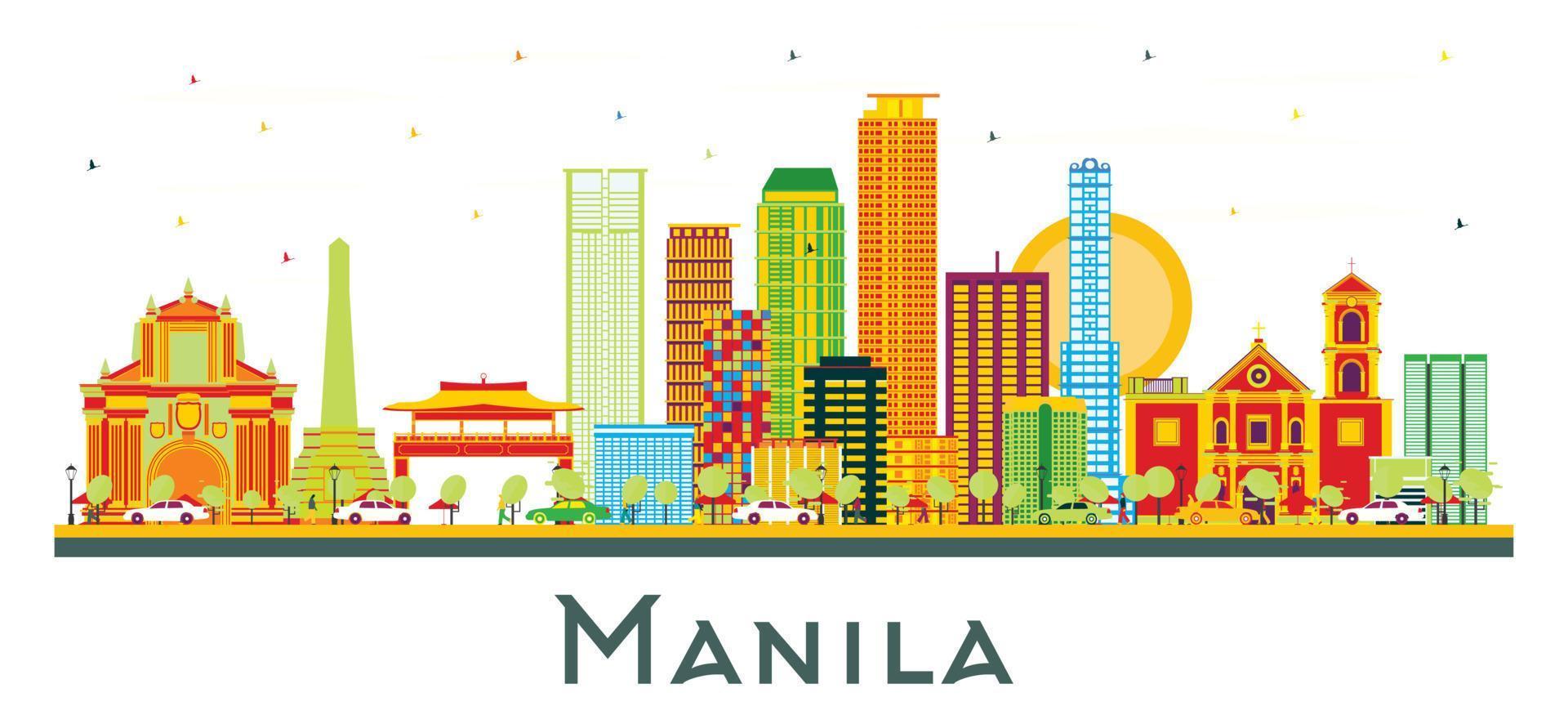 horizonte de la ciudad de manila filipinas con edificios de color aislados en blanco. vector