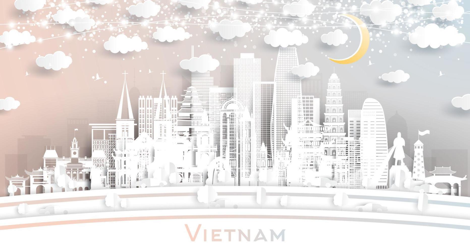 Vietnam City Skyline in Paper Cut Style with White Buildings, Moon and Neon Garland. vector
