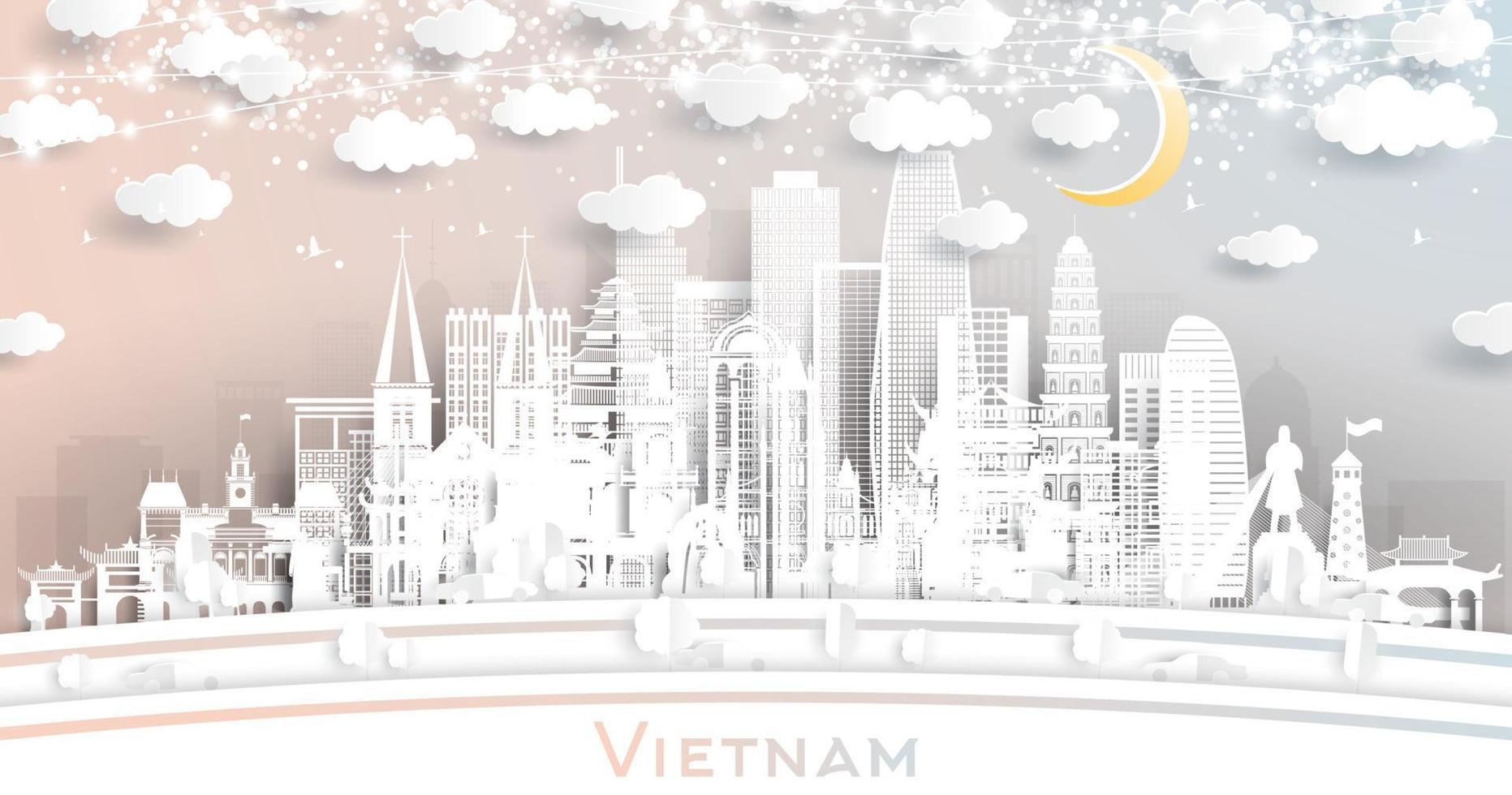 horizonte de la ciudad de vietnam en estilo de corte de papel con edificios blancos, luna y guirnalda de neón. vector