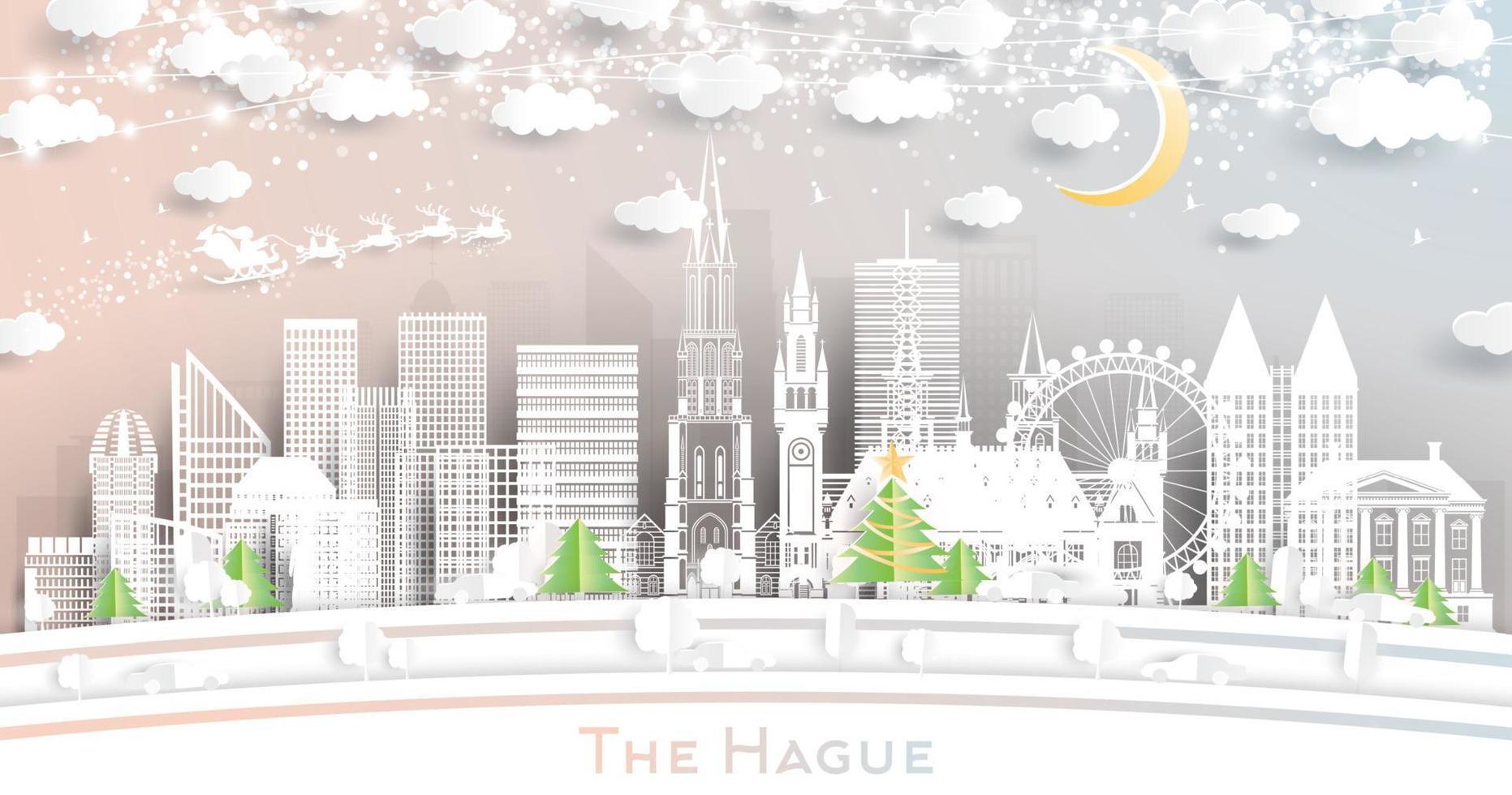 The Hague Netherlands City Skyline in Paper Cut Style with Snowflakes, Moon and Neon Garland. vector