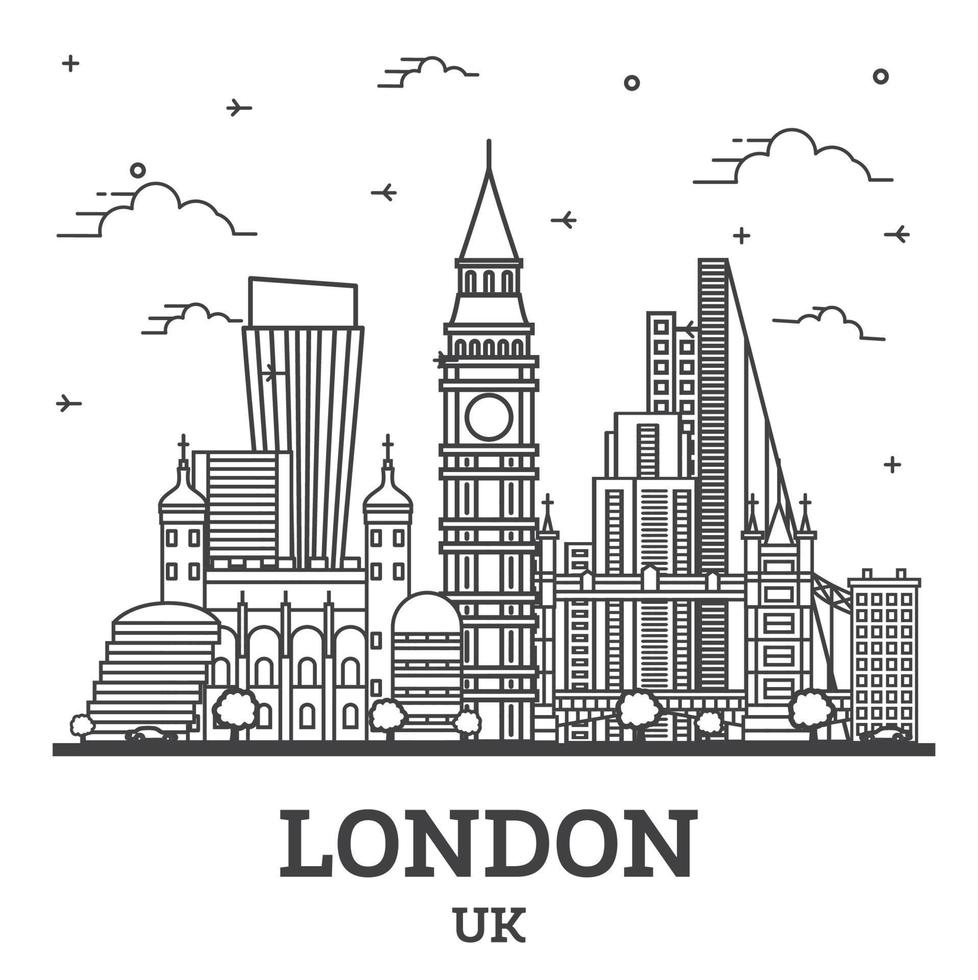 delinear el horizonte de la ciudad de Londres, Inglaterra, Reino Unido con edificios modernos aislados en blanco. vector