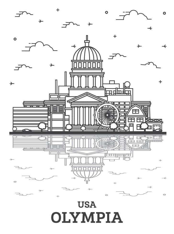 delinear el horizonte de la ciudad de olympia washington con edificios modernos y reflejos aislados en blanco. vector