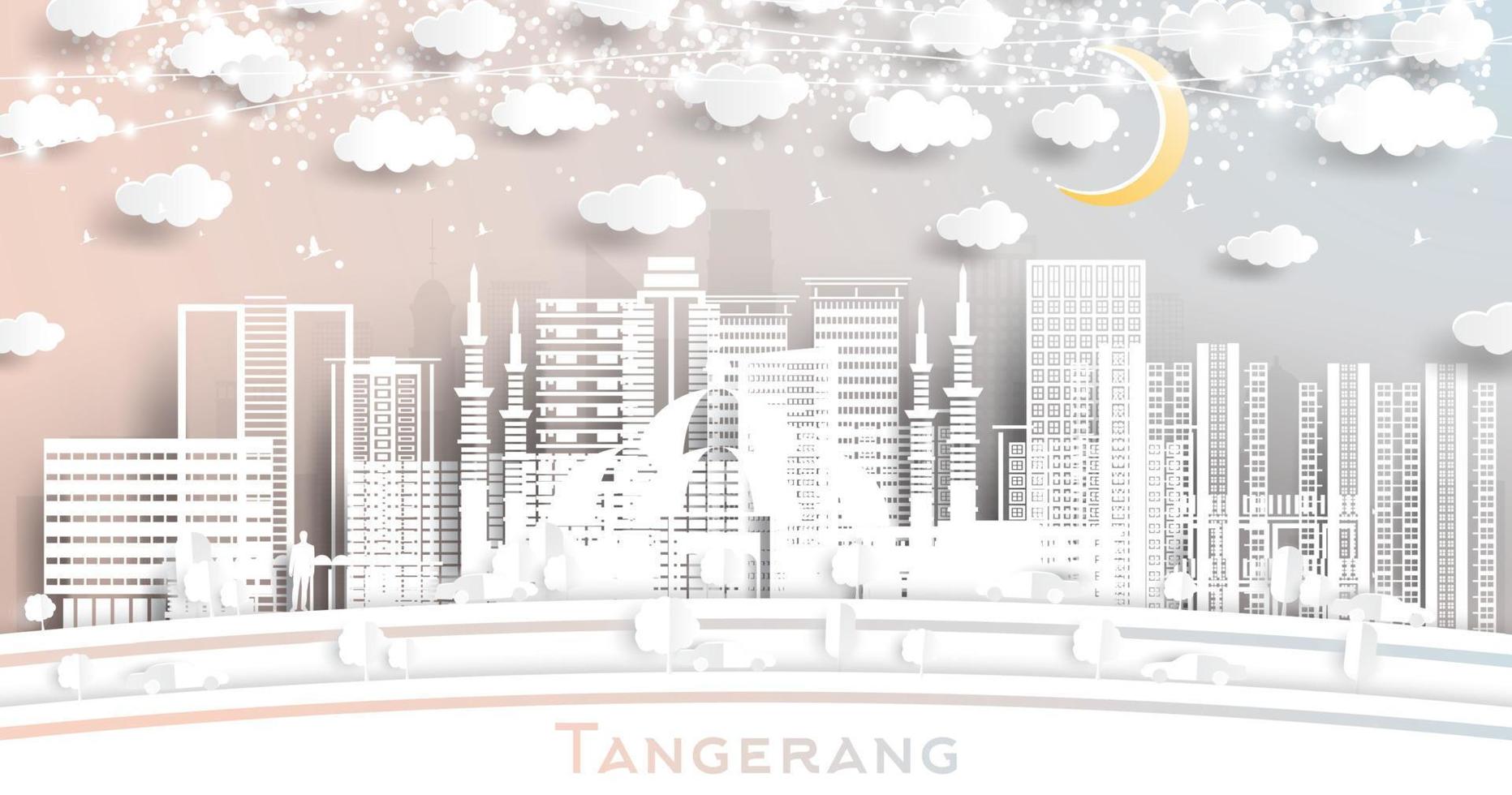 horizonte de la ciudad de tangerang indonesia en estilo de corte de papel con edificios blancos, luna y guirnalda de neón. vector