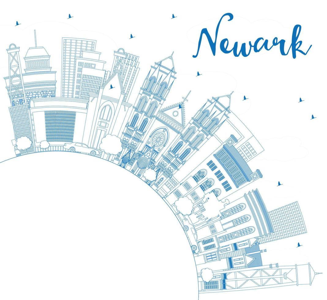 Outline Newark New Jersey City Skyline with Blue Buildings and Copy Space. vector