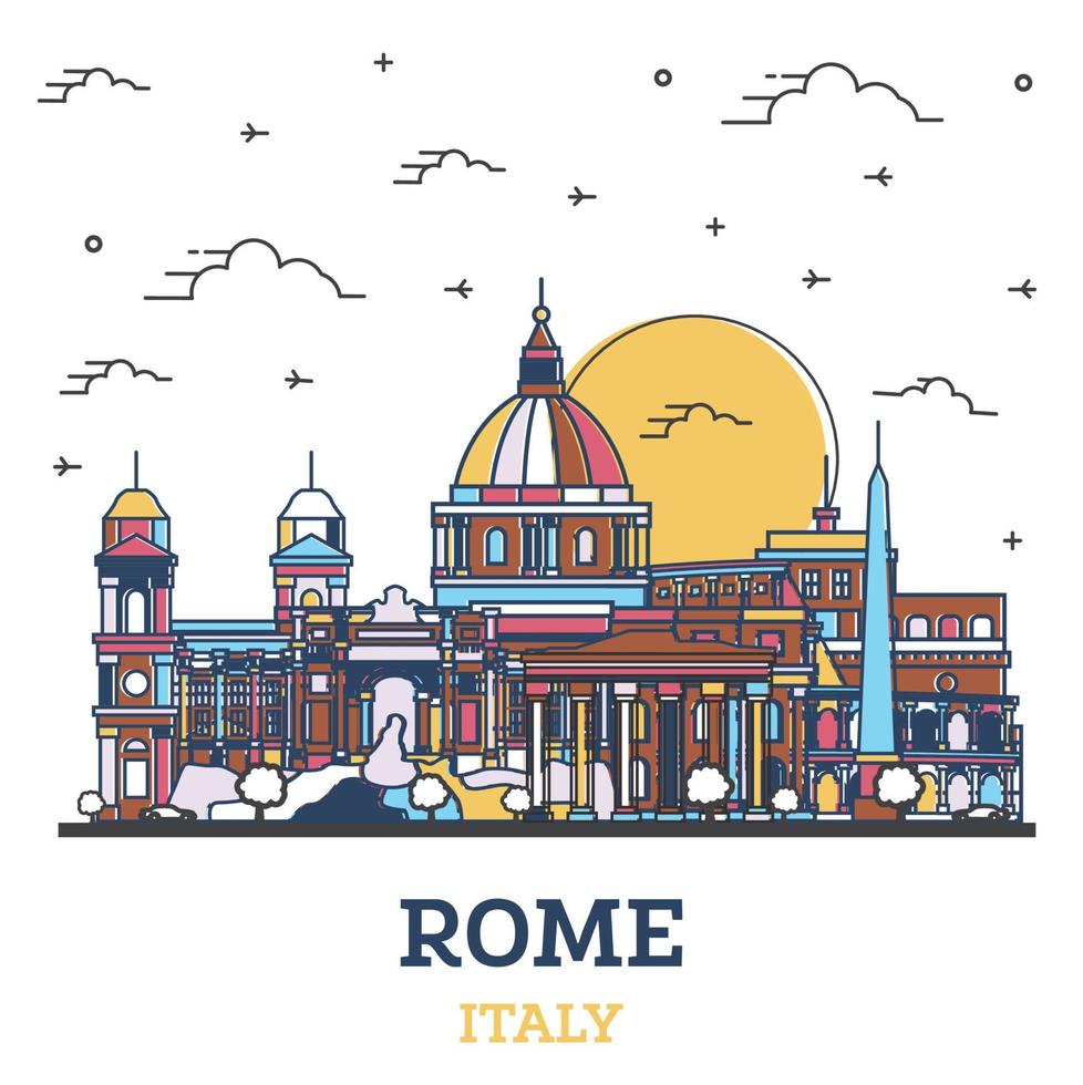 Outline Rome Italy City Skyline with Color Buildings Isolated on White. vector