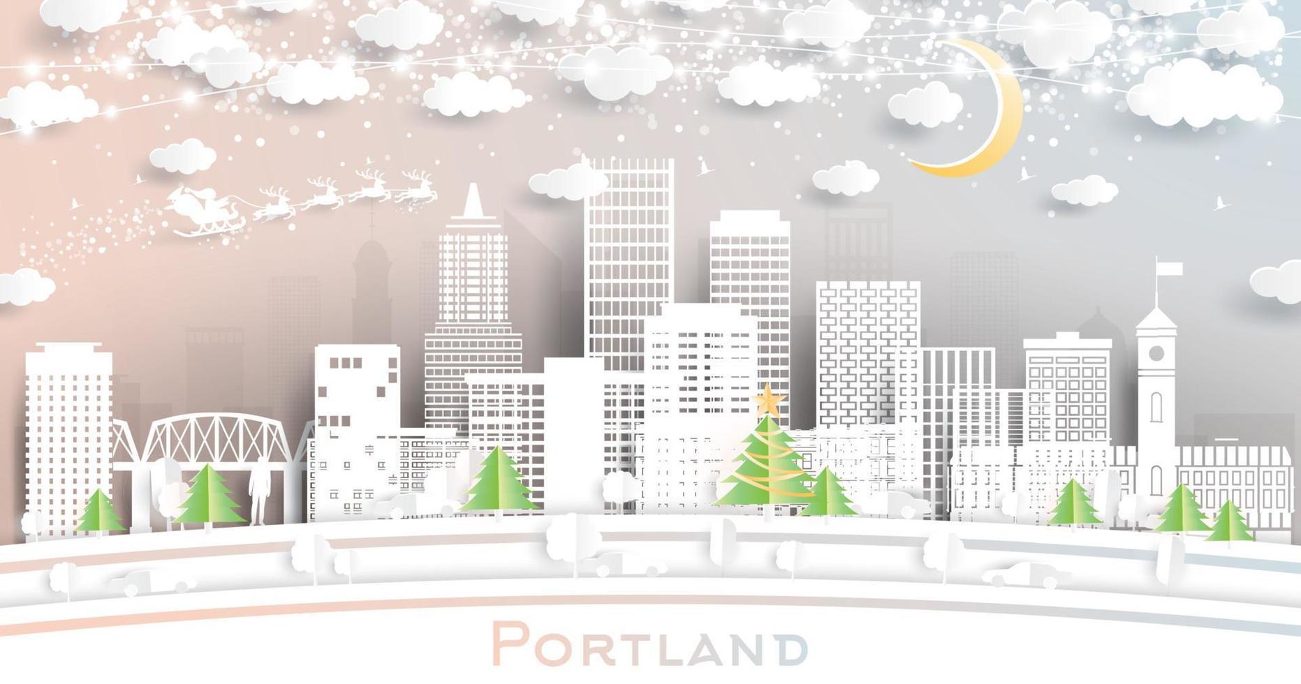 horizonte de la ciudad de portland oregon en estilo de corte de papel con copos de nieve, luna y guirnalda de neón. vector