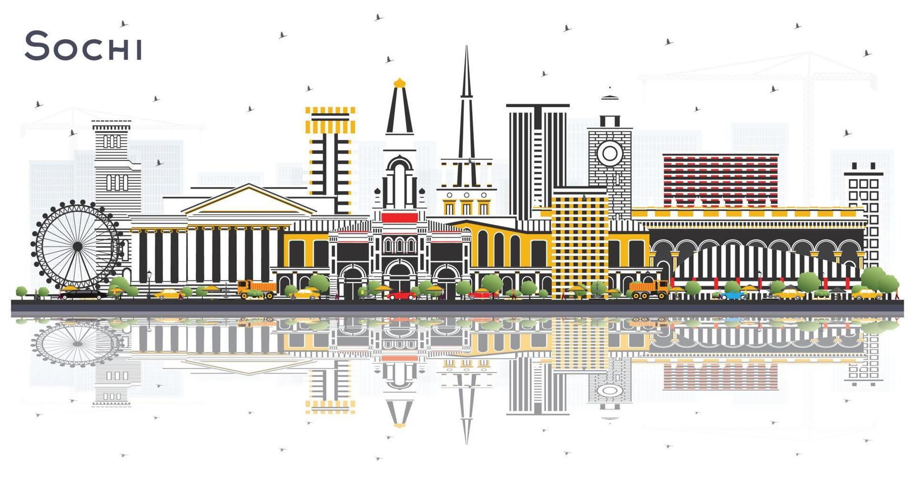 Sochi Russia City Skyline with Color Buildings and Reflections Isolated on White. vector