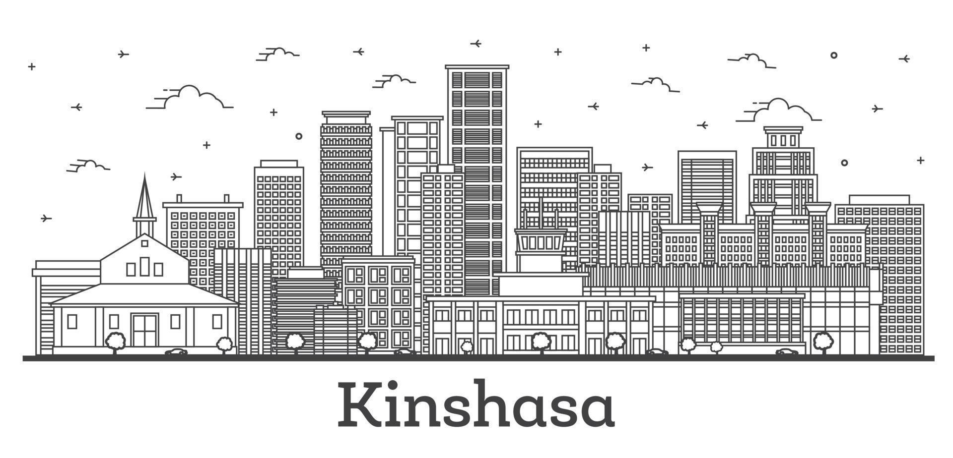 Outline Kinshasa Congo City Skyline with Modern and Historic Buildings Isolated on White. vector